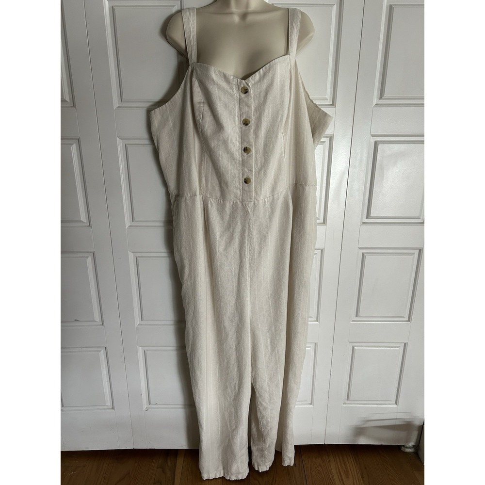 Old Navy Linen Blend Jumpsuit 4X Neutral Stripe Wide Leg Beach Resort Plus Size